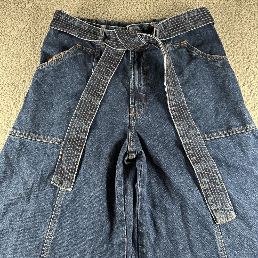 Farm Rio Palazzo Wide Leg Jeans Womens 31 Blue High Rise Cotton Denim Belted - Picture 2 of 16